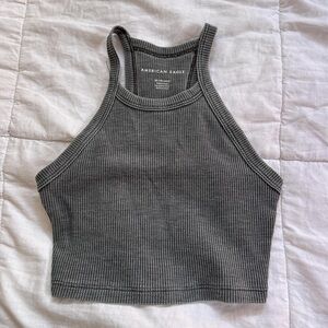 American Eagle Outfitters Charcoal Gray Ribbed High-Neck Cropped Tank
